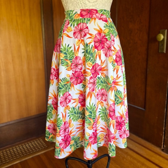 Hawaiian Print Tropical Swing Midi Skirt, Pink Green Orange White, Sz Large - Picture 2 of 4